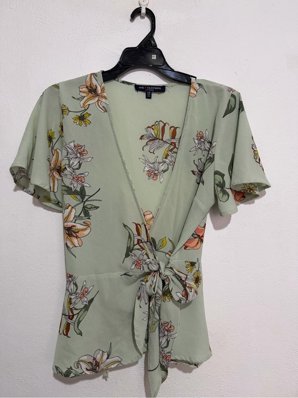 One Clothing Light Sage Green Floral Wrap Blouse